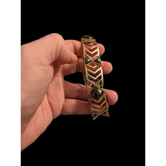 Chevron Gold Tone Costume Jewelry Cut Out Bracelet Smoke Gemstones Adjustable - Picture 10 of 13